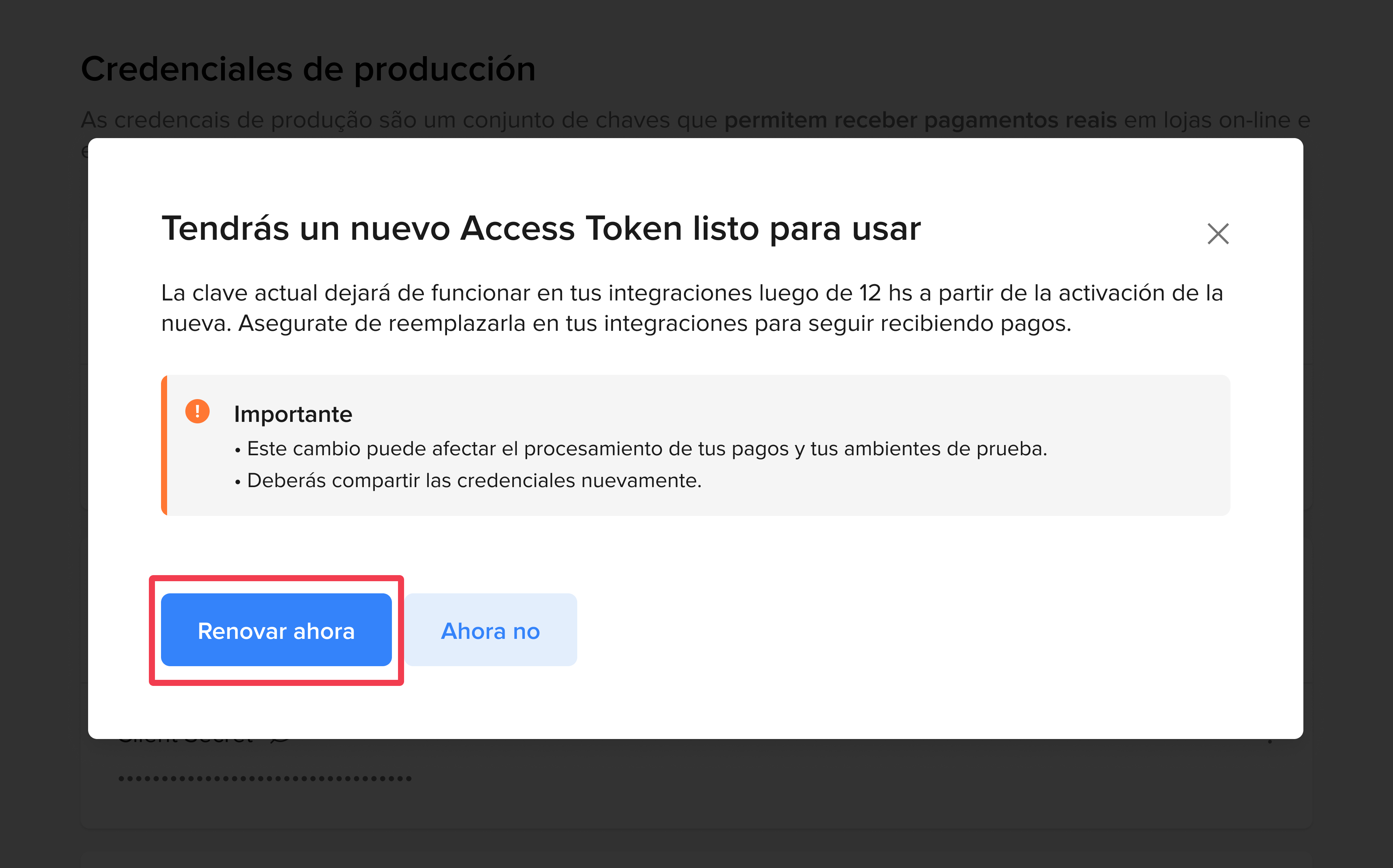 Advertencia nuevo Access Token